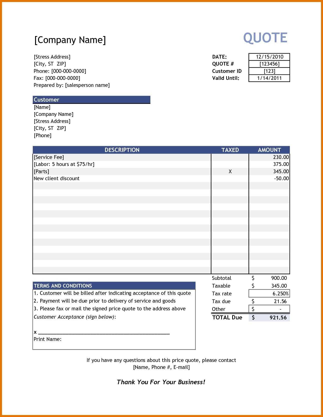 Estimate invoice template download free quote business word