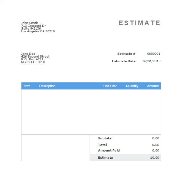 Estimate invoice template download free quote business word